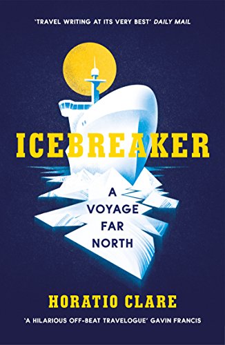 Book cover: icebreaker ship amidst icebergs under a yellow sun.