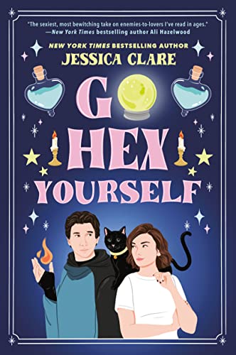 Book cover: "Go Hex Yourself" with illustrated couple, cat, and magical objects.