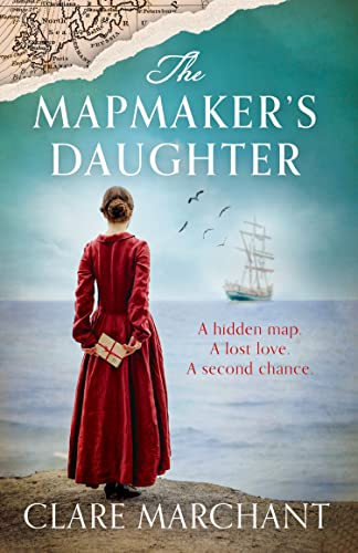Book cover: woman with letter views ship at sea, map background.