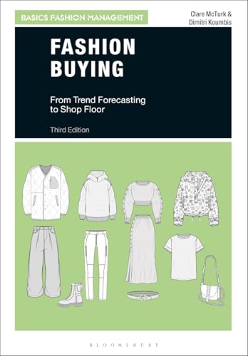 Book cover titled Fashion Buying with illustrations of clothing items on a green background.