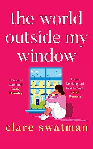 Book cover: woman by a window, colorful houses in background.