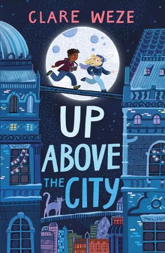 Book cover: two children running on a rooftop under a full moon.