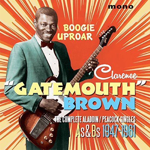 Clarence Gatemouth Brown holding an electric guitar against a red and yellow sunburst background.