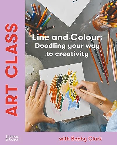 Book cover with colourful doodles, pencils, and a hand drawing.