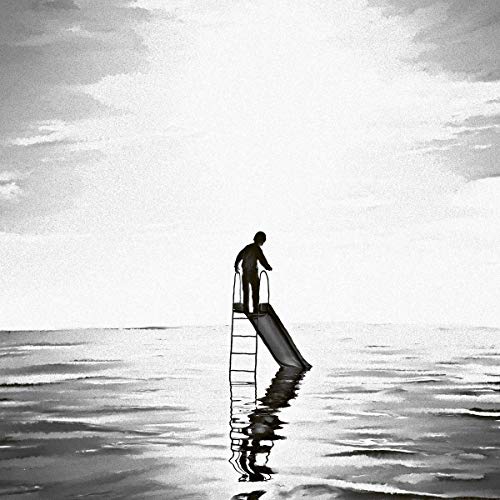 A person stands on a slide positioned in the middle of a calm lake.