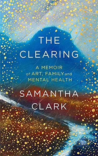Book cover with abstract blue and gold paint splatters, title “The Clearing.”