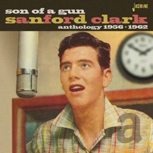 CD cover for Sanford Clark’s “Son-Of-A-Gun” with portrait and microphone.