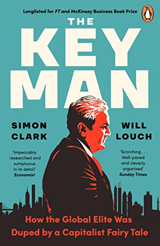 Book cover: red portrait of a man against a teal and city skyline background.