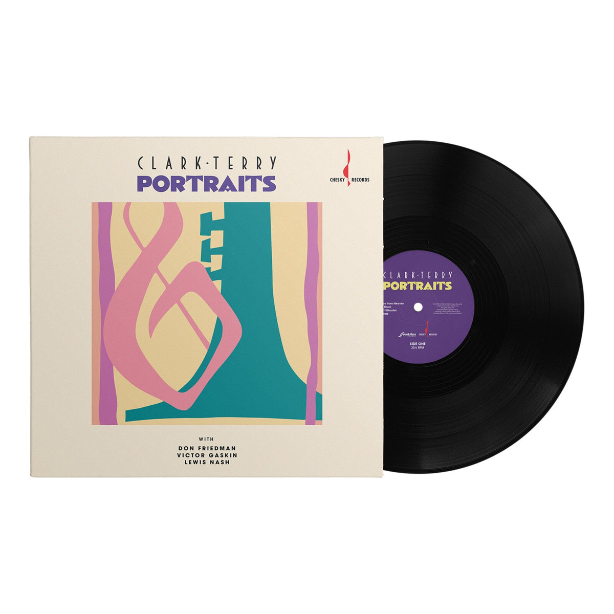 Portraits" vinyl record by Clark Terry, featuring abstract pink and purple shapes.