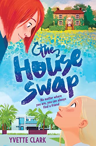 Book cover with two girls and illustrations of two houses.