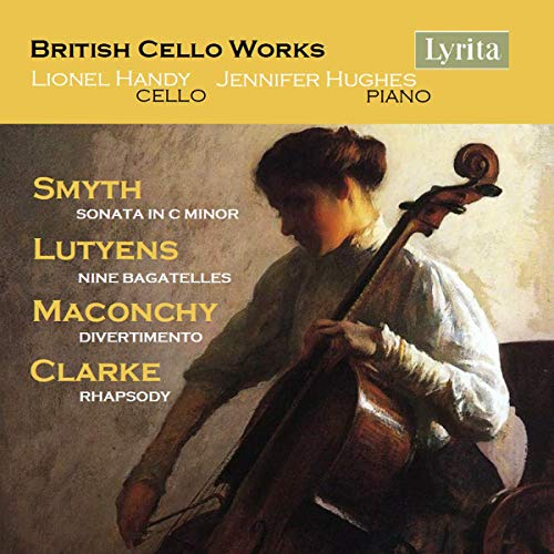 "CD cover featuring a woman playing cello, with yellow header and text listing compositions."