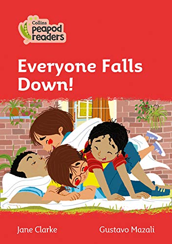 Book cover: children falling playfully on green grass, red background.
