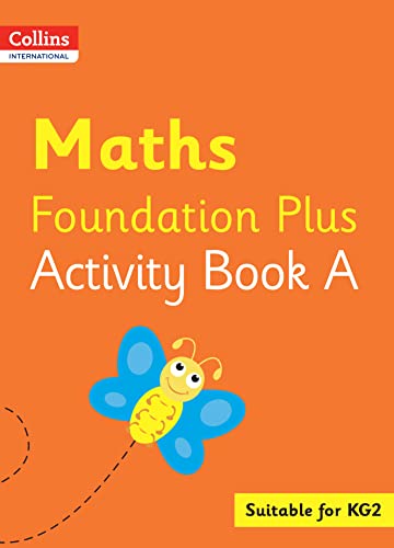 Orange textbook cover with "Maths Foundation Plus Activity Book A" and a butterfly.
