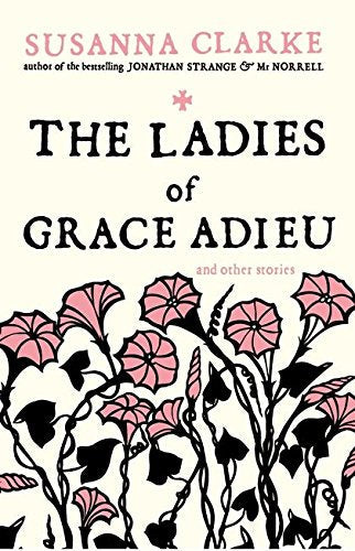 Book cover with title and author text above pink and black floral illustrations.