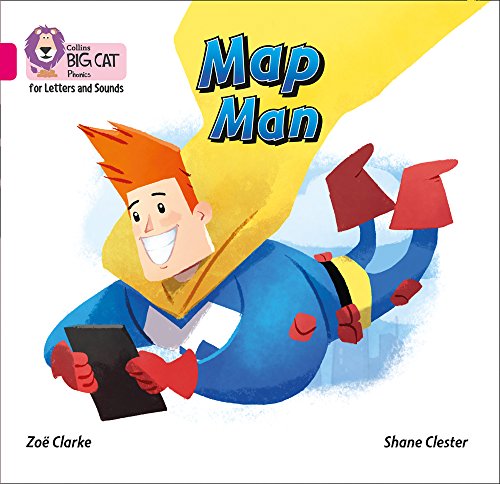 Cartoon superhero flying with a map, book cover illustration.