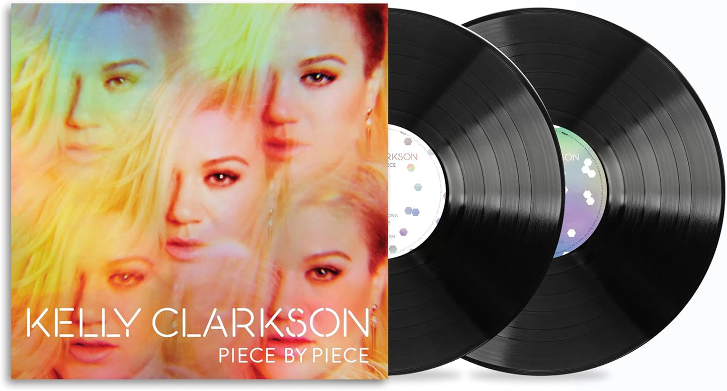 Kelly Clarkson’s “Piece By Piece” vinyl record with colorful album cover.