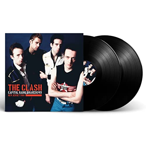The Clash album cover and two black vinyl records on white background.