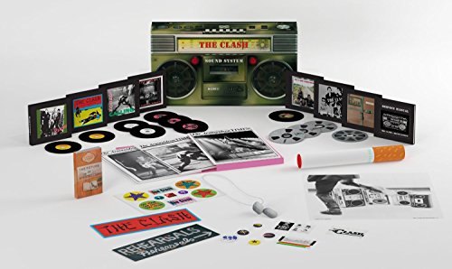 "The Clash Sound System CD box set with CDs, stickers, and boombox packaging."