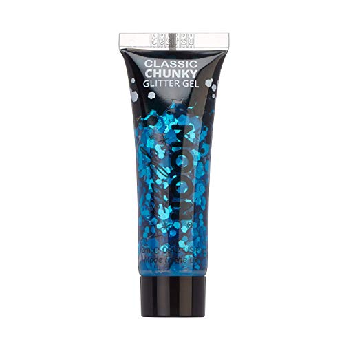 Tube of blue chunky glitter gel with white text.