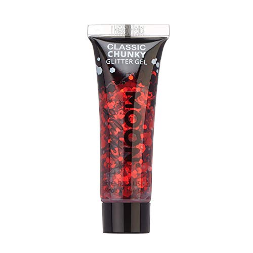 A tube of red chunky glitter gel labeled Moon Classic Chunky Glitter Gel.