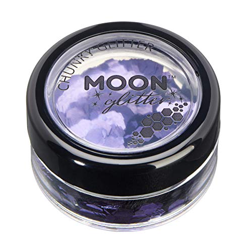 A small black jar containing lavender chunky cosmetic glitter with a clear screw-top lid.