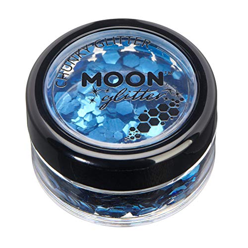 Small round jar filled with blue chunky cosmetic glitter with black screw-top lid.