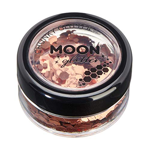 Small round jar filled with copper-colored chunky cosmetic glitter.