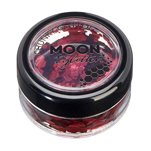 Small round container filled with red chunky cosmetic glitter with a black lid.