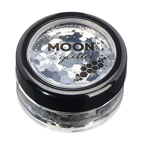 Small circular container filled with silver chunky cosmetic glitter, labeled Moon Glitter.