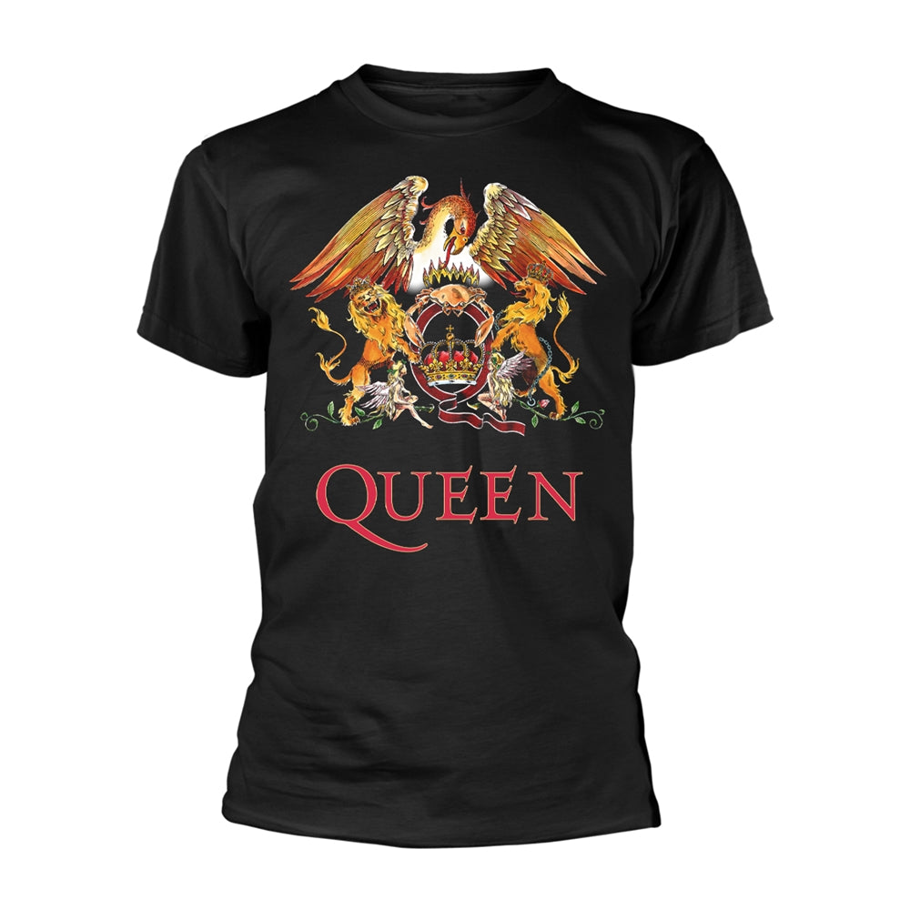 Black t-shirt with a colorful Queen band crest design on the front.