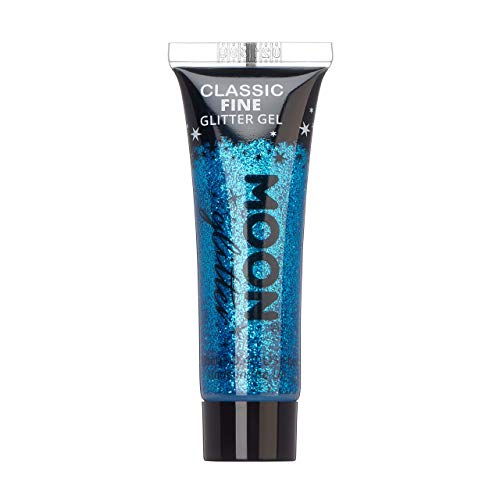 A tube of blue glitter gel with black text on a white background.