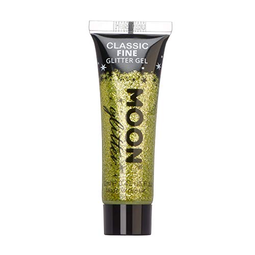 A tube of gold glitter gel labeled Moon Glitter against a white background.