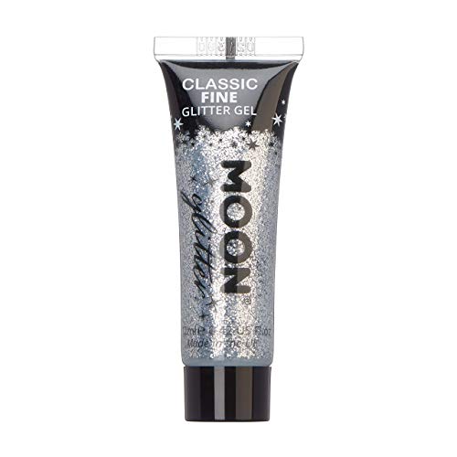 A tube of silver glitter gel with Moon Glitter branding on a white background.