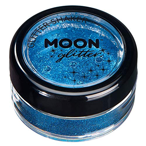 Small round container of blue cosmetic glitter with a black lid and logo.