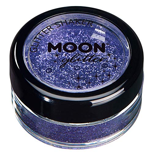 A small round jar filled with lavender cosmetic glitter and a black screw-top lid.