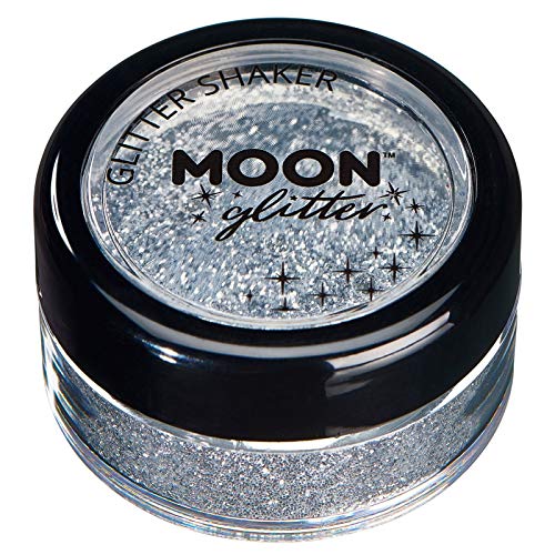 A small, round, clear plastic jar filled with silver cosmetic glitter and black lid.