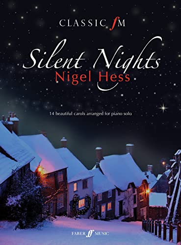 “Silent Nights” music book cover with snowy village scene and piano carols.