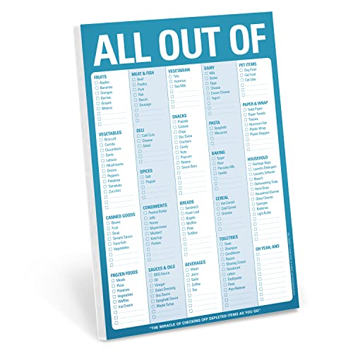 All Out Of grocery checklist notepad with categorized items and checkboxes on blue background.