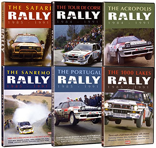 Six DVD cases displaying rally car images and event titles, 1984-1991.