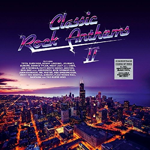 Vinyl record cover for “Classic Rock Anthems 2” with a city skyline.