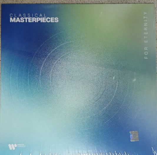 Vinyl record cover with blue and green gradient, text “Classical Masterpieces”.