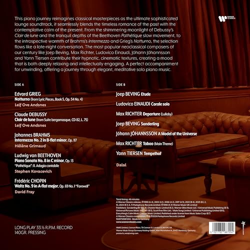 Back cover of Piano Lounge Classics vinyl featuring tracklist over a dark red lounge.