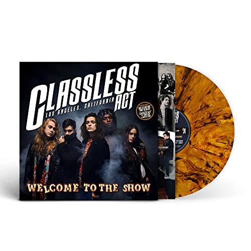 Vinyl record with album cover featuring a rock band and gold swirl pattern.