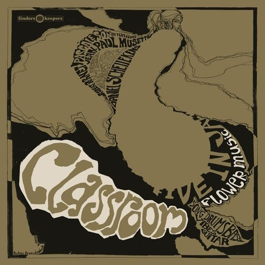 Classroom vinyl record cover with abstract brown illustration and text.