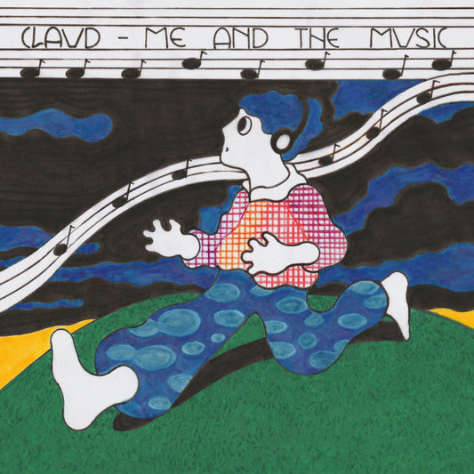 Album cover: illustrated figure running on green grass under musical notes.