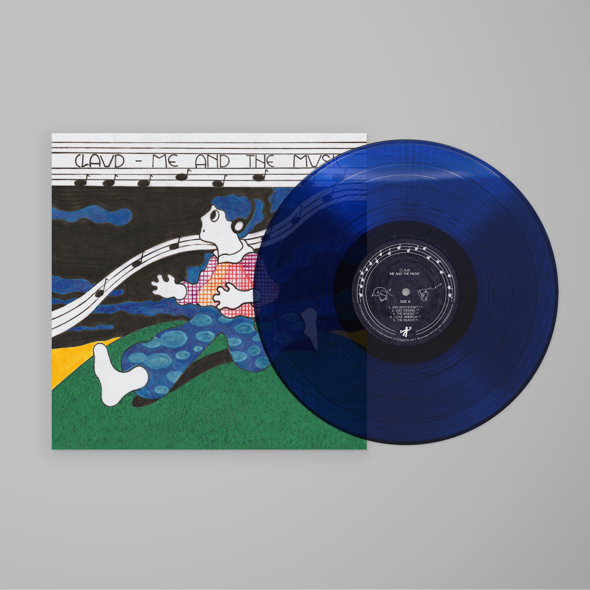 Blue vinyl LP of Claud’s “Me and the Music” with illustrated cover art.