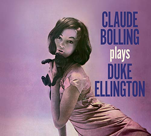 Album cover with woman holding cat, text "Claude Bolling plays Duke Ellington" on purple background.