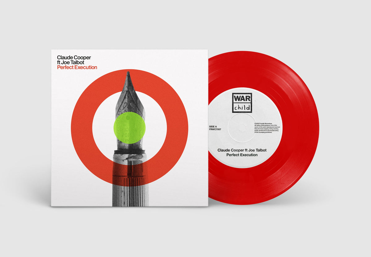 Red 7-inch vinyl record with graphic of a pen and target.