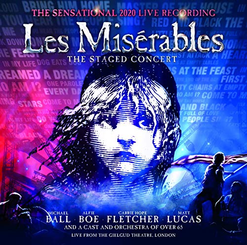 "CD cover for 'Les Misérables: The Staged Concert' featuring a woman's face and silhouetted figures."
