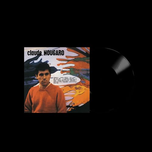 Claude Nougaro vinyl record cover featuring the artist in an orange sweater against abstract art.
